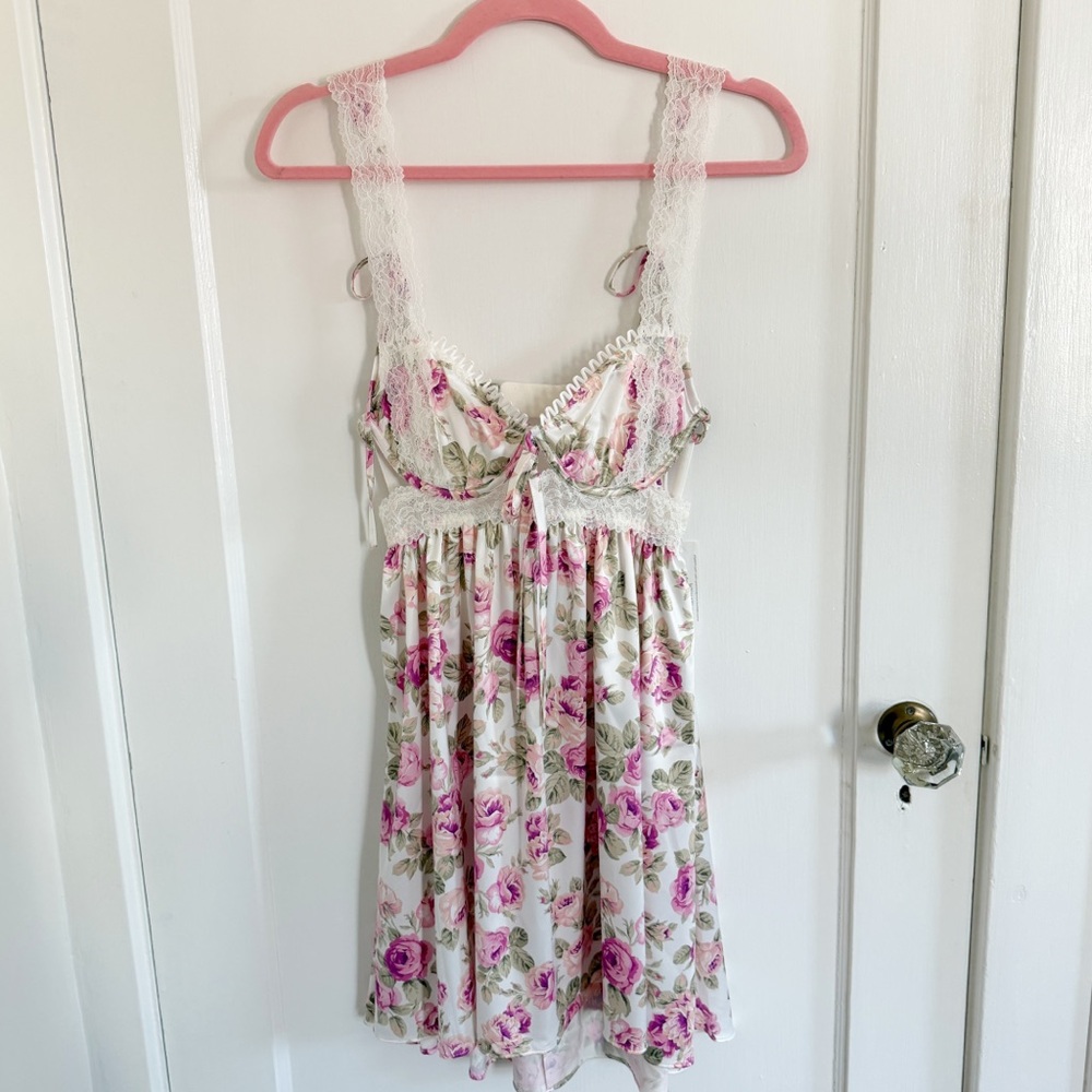 For Love & Lemons Floral Mini Dress in White and Pink